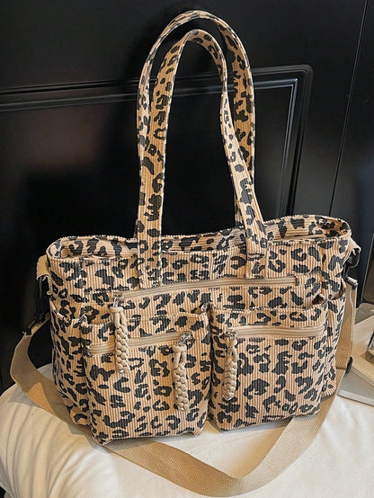 1pc Women's Fashionable Tote Bag With Full Body Leopard Print, Made Of Corduroy Material, Large Capacity With Multiple Pockets For Storage, Detachable And Adjustable Shoulder Strap, Suitable For Casua