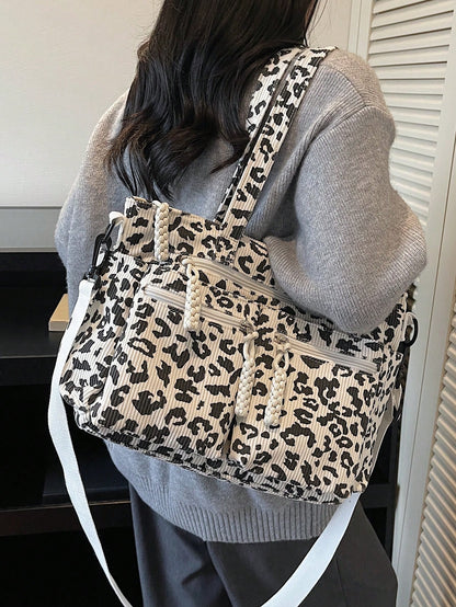 1pc Women's Fashionable Tote Bag With Full Body Leopard Print, Made Of Corduroy Material, Large Capacity With Multiple Pockets For Storage, Detachable And Adjustable Shoulder Strap, Suitable For Casua