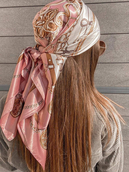 1pc Women's Light Pink Printed Satin Square Scarf, Fashionable Outdoor Headband Hair Scarf For Spring/Summer Season Bandana, French Girl Style