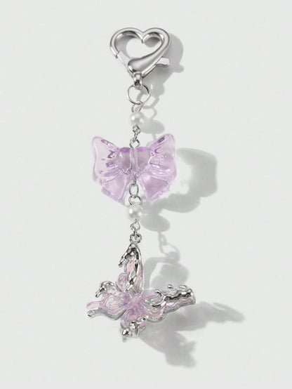 1pc Women's Luxurious Butterfly Keychain With Purple Bow Pendant, Fashionable Bag Charm, High-End Gift