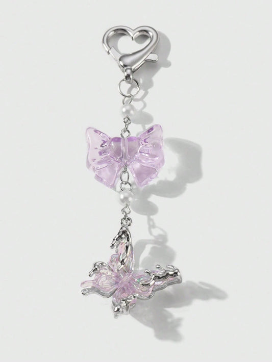 1pc Women's Luxurious Butterfly Keychain With Purple Bow Pendant, Fashionable Bag Charm, High-End Gift