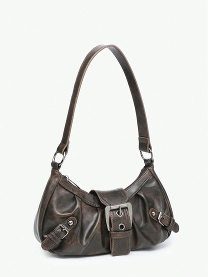 1pc Women's Retro Maillard Punk Wanderer Motorcycle Bag, Rivet Decoration, Adjustable Strap, Large Capacity, Soft Artificial Wax Leather, Ombre Colors, Shoulder & Crossbody Bag, Suitable For Work, Com