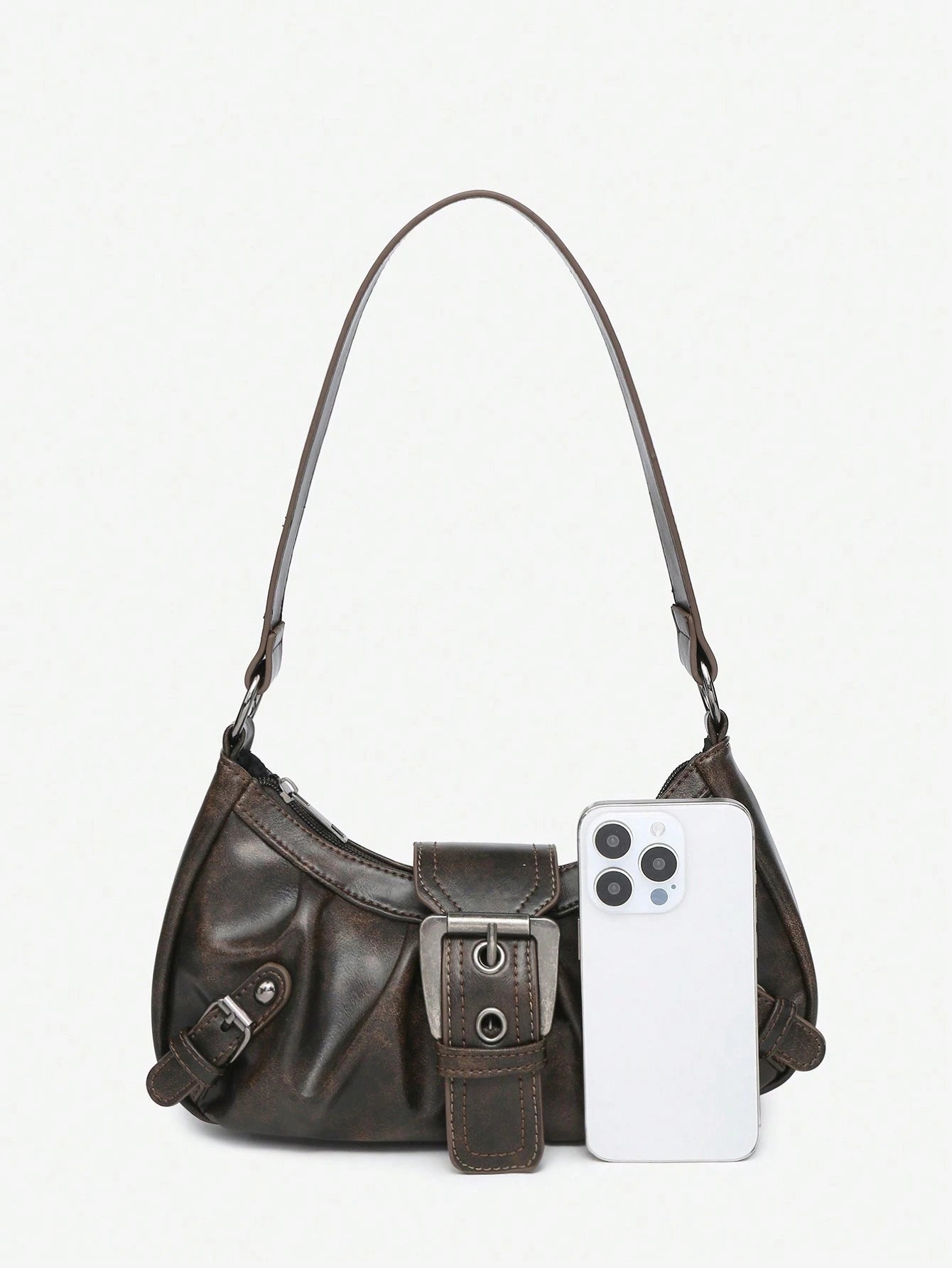 1pc Women's Retro Maillard Punk Wanderer Motorcycle Bag, Rivet Decoration, Adjustable Strap, Large Capacity, Soft Artificial Wax Leather, Ombre Colors, Shoulder & Crossbody Bag, Suitable For Work, Com