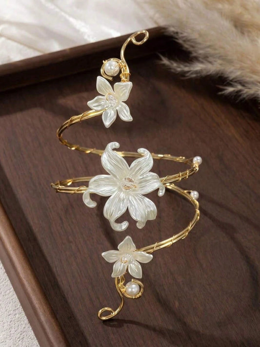 1pc Women's Spiral Flower Upper Arm Cuff Bracelet With Gold Tone Faux Pearls, Bohemian Summer Jewelry, Suitable For Women's Daily Decoration, Summer Beach Vacation, Outfit Matching, Dating, Party, Hol
