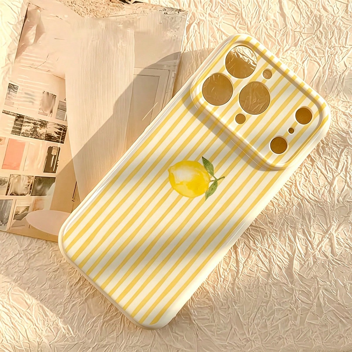 1pc Yellow And White Striped Watercolor Lemon Pattern Phone Case, Compatible With IPhone 17 17Pro 17 PRO Max, Anti-Drop Design, Also Compatible With IPhone 16 PRO/15/14/13P/12/11/X/XR/XS Max, Personal
