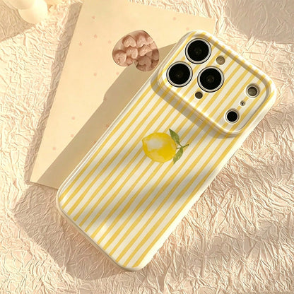 1pc Yellow And White Striped Watercolor Lemon Pattern Phone Case, Compatible With IPhone 17 17Pro 17 PRO Max, Anti-Drop Design, Also Compatible With IPhone 16 PRO/15/14/13P/12/11/X/XR/XS Max, Personal
