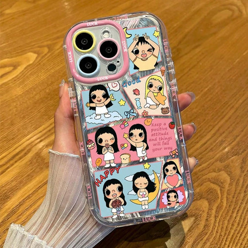 1pc,Aesthetic Patchwork Cute Character Phone Case Compatible With Iphone 17/16/15/14/13, Shimmer Wave Texture All Around LUCK Letter Edge Color Block Frame Anti-Scratch Cover