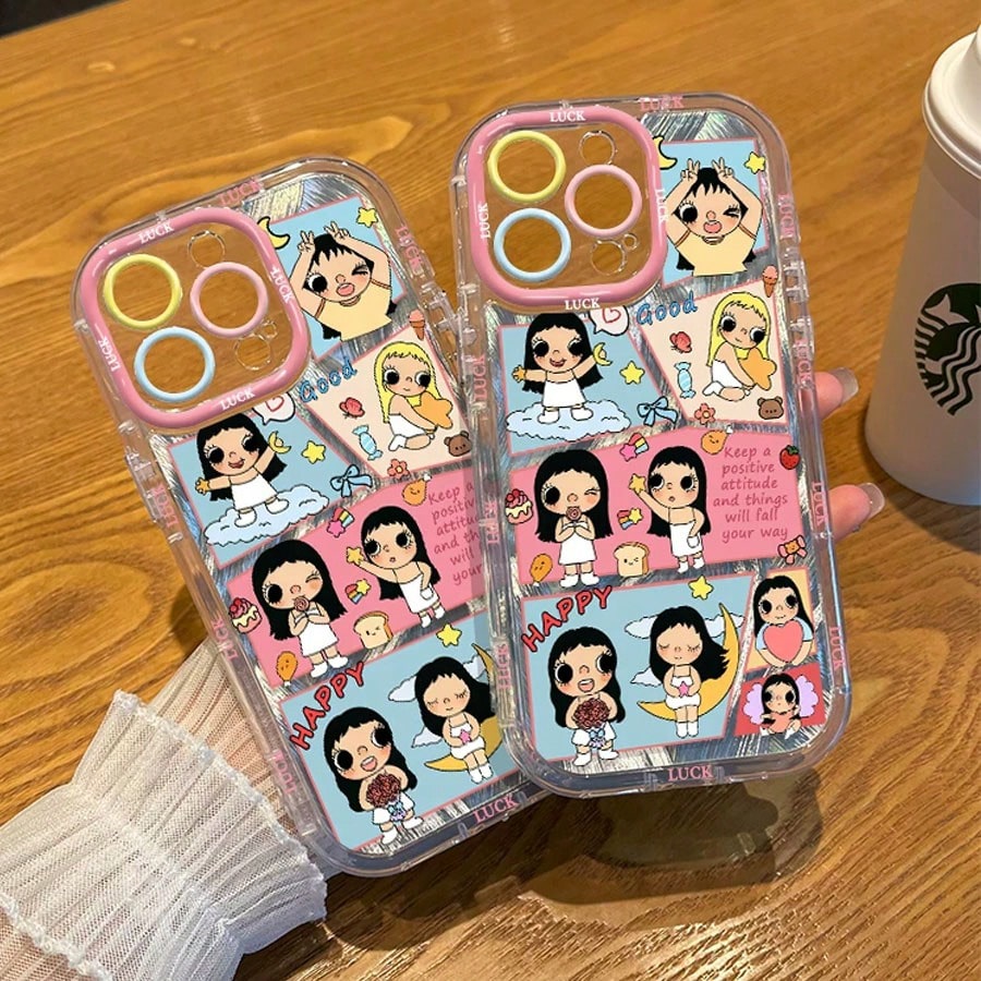 1pc,Aesthetic Patchwork Cute Character Phone Case Compatible With Iphone 17/16/15/14/13, Shimmer Wave Texture All Around LUCK Letter Edge Color Block Frame Anti-Scratch Cover