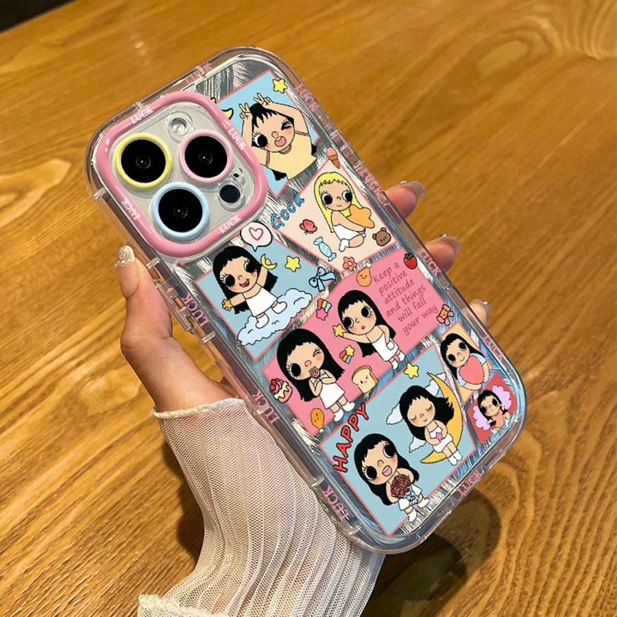 1pc,Aesthetic Patchwork Cute Character Phone Case Compatible With Iphone 17/16/15/14/13, Shimmer Wave Texture All Around LUCK Letter Edge Color Block Frame Anti-Scratch Cover
