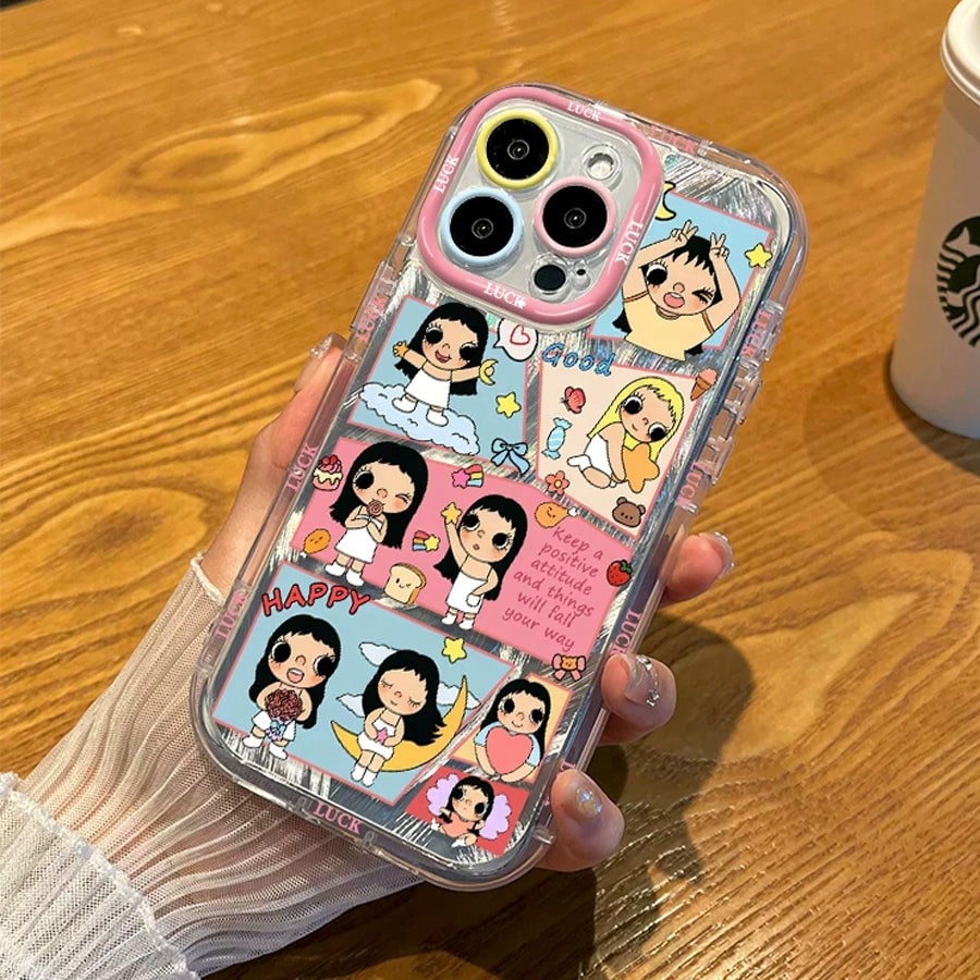 1pc,Aesthetic Patchwork Cute Character Phone Case Compatible With Iphone 17/16/15/14/13, Shimmer Wave Texture All Around LUCK Letter Edge Color Block Frame Anti-Scratch Cover