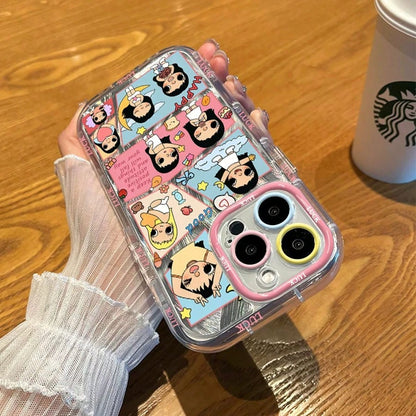 1pc,Aesthetic Patchwork Cute Character Phone Case Compatible With Iphone 17/16/15/14/13, Shimmer Wave Texture All Around LUCK Letter Edge Color Block Frame Anti-Scratch Cover