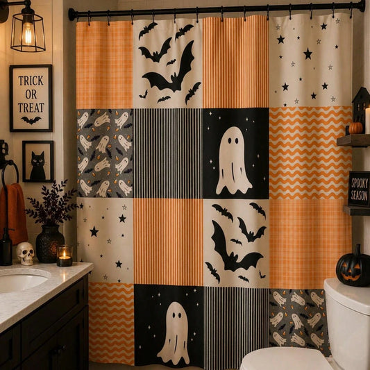 1Pcs Halloween Shower Curtain| Orange Black Pattern, Patchwork Ghosts And Bats Decoration Home Decor Bathroom Decor