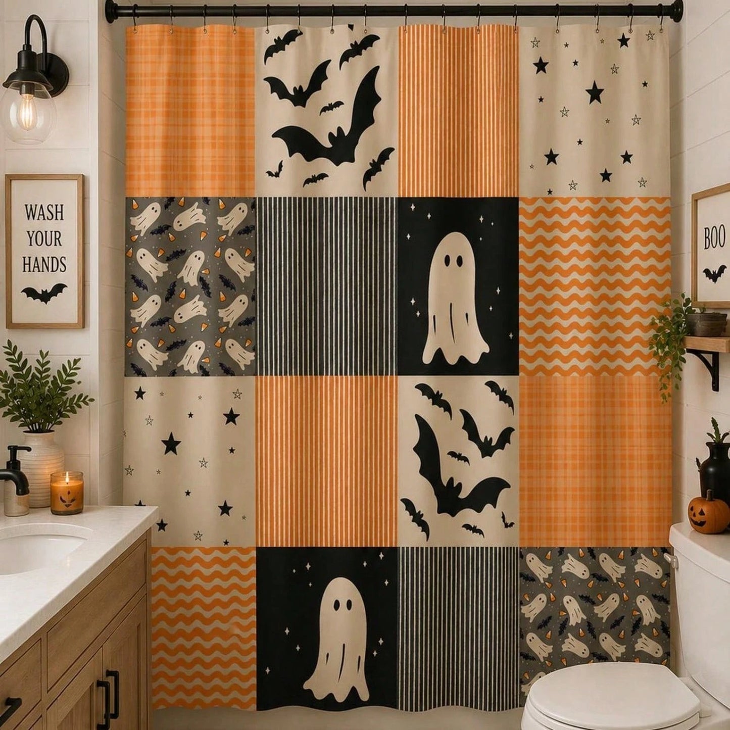1Pcs Halloween Shower Curtain| Orange Black Pattern, Patchwork Ghosts And Bats Decoration Home Decor Bathroom Decor