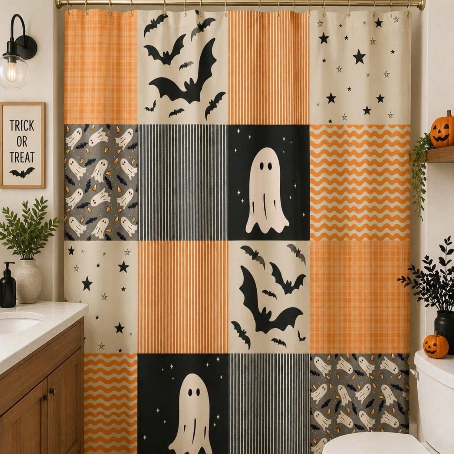 1Pcs Halloween Shower Curtain| Orange Black Pattern, Patchwork Ghosts And Bats Decoration Home Decor Bathroom Decor
