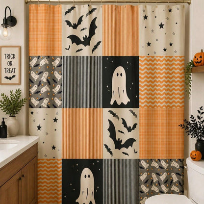 1Pcs Halloween Shower Curtain| Orange Black Pattern, Patchwork Ghosts And Bats Decoration Home Decor Bathroom Decor