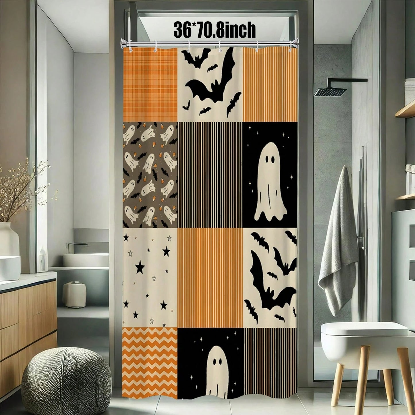 1Pcs Halloween Shower Curtain| Orange Black Pattern, Patchwork Ghosts And Bats Decoration Home Decor Bathroom Decor