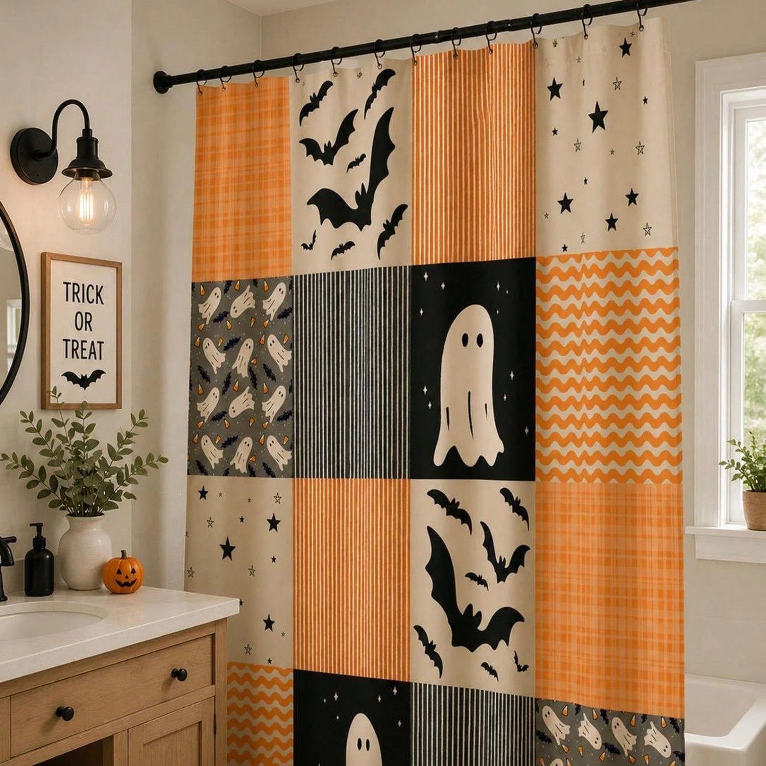 1Pcs Halloween Shower Curtain| Orange Black Pattern, Patchwork Ghosts And Bats Decoration Home Decor Bathroom Decor