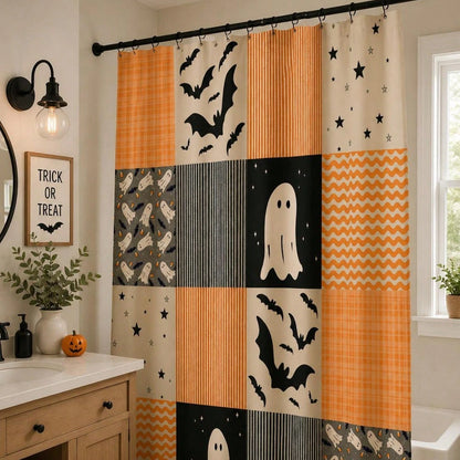 1Pcs Halloween Shower Curtain| Orange Black Pattern, Patchwork Ghosts And Bats Decoration Home Decor Bathroom Decor