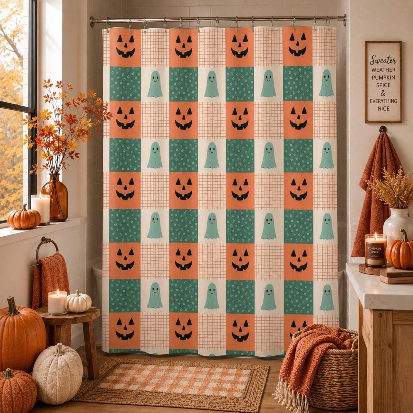 1Pcs Halloween Shower Curtain| Orange Black Pattern, Patchwork Ghosts And Bats Decoration Home Decor Bathroom Decor