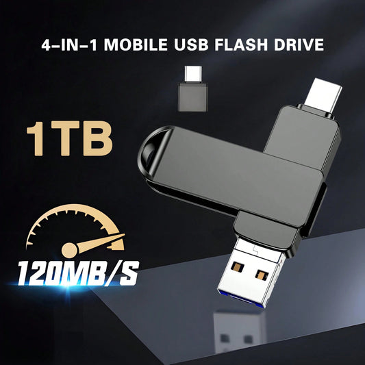 1T Large-Capacity 4-In-1 Mobile Phone USB Flash Drive, Portable External Photo Memory Stick. Compatible With All Mainstream Phones, Tablets And Desktops, Supports Fast File & Photo Transfer For Androi