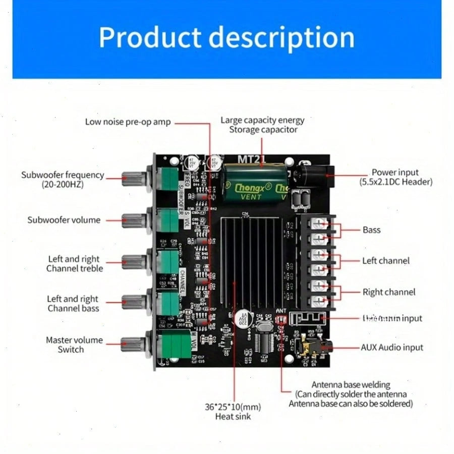 2.1 Channel Amplifier Board 50W*2+100W With Treble And Bass Adjustment, DIY Speaker Home Theater