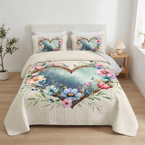2/3PCS Floral Heart Bohemian Sunflower Quilt Set,Bedspread, Lightweight, Machine Washable, Easy Care, Multiple Sizes Available