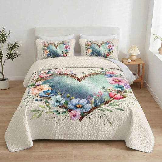 2/3PCS Floral Heart Bohemian Sunflower Quilt Set,Bedspread, Lightweight, Machine Washable, Easy Care, Multiple Sizes Available