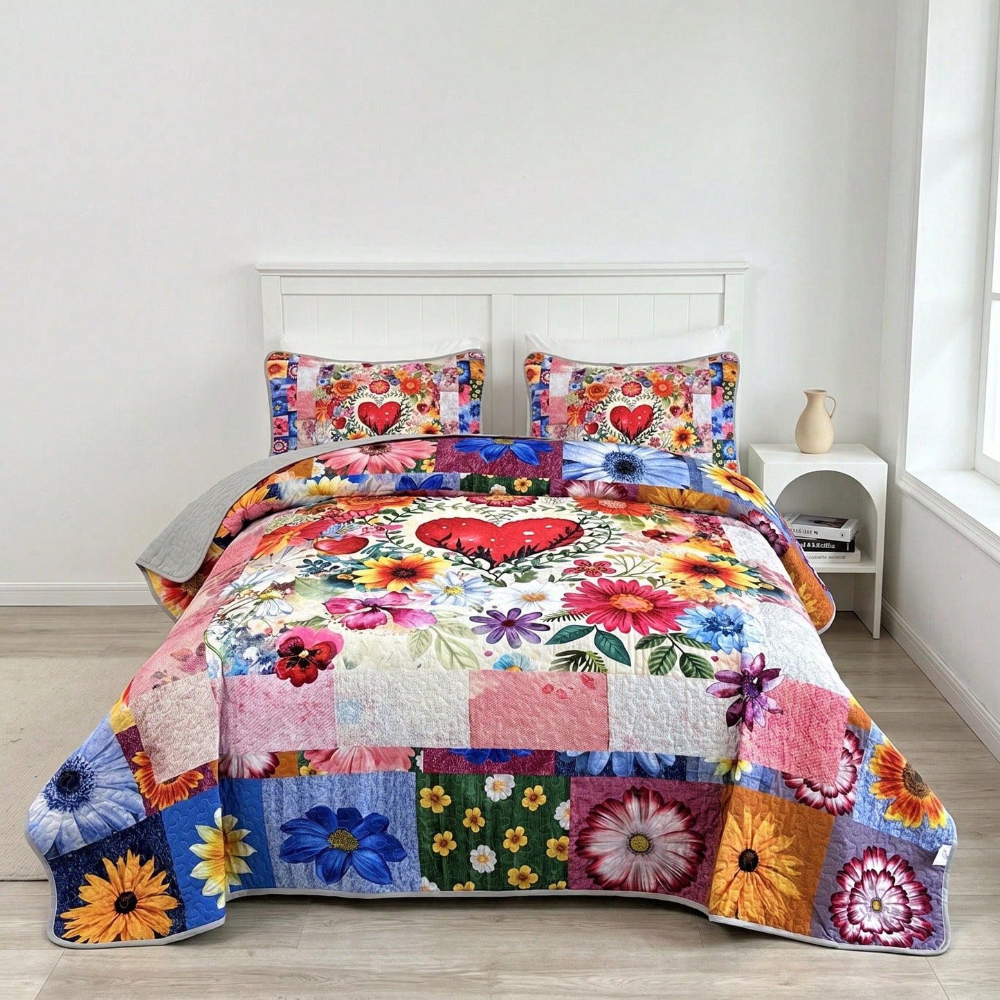 2/3PCS Floral Heart Bohemian Sunflower Quilt Set,Bedspread, Lightweight, Machine Washable, Easy Care, Multiple Sizes Available