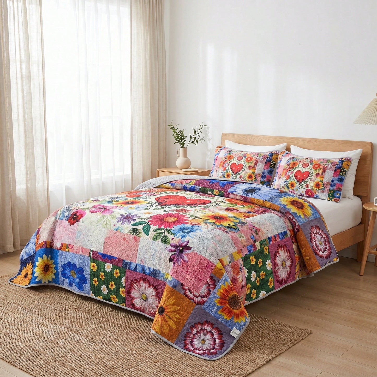 2/3PCS Floral Heart Bohemian Sunflower Quilt Set,Bedspread, Lightweight, Machine Washable, Easy Care, Multiple Sizes Available