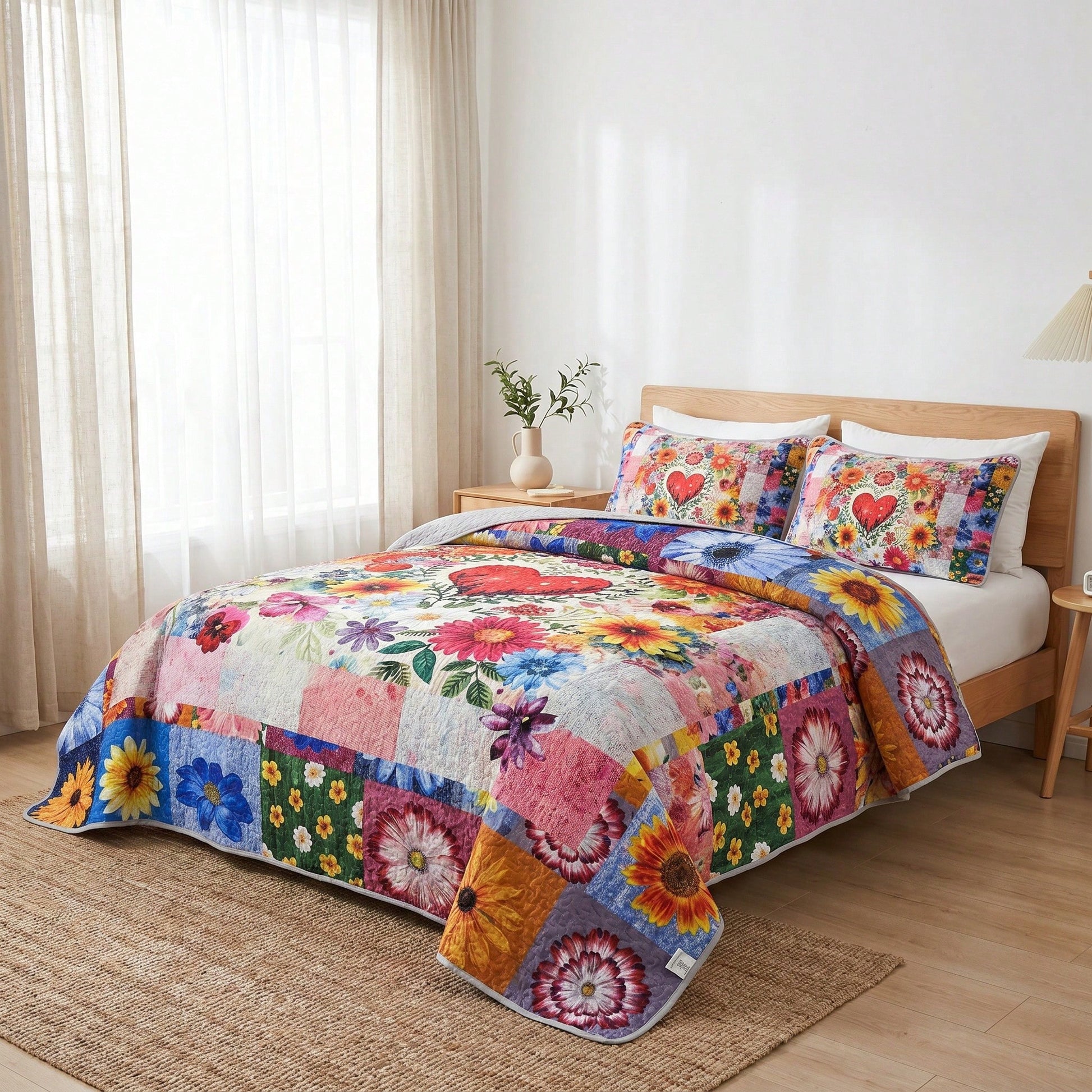 2/3PCS Floral Heart Bohemian Sunflower Quilt Set,Bedspread, Lightweight, Machine Washable, Easy Care, Multiple Sizes Available