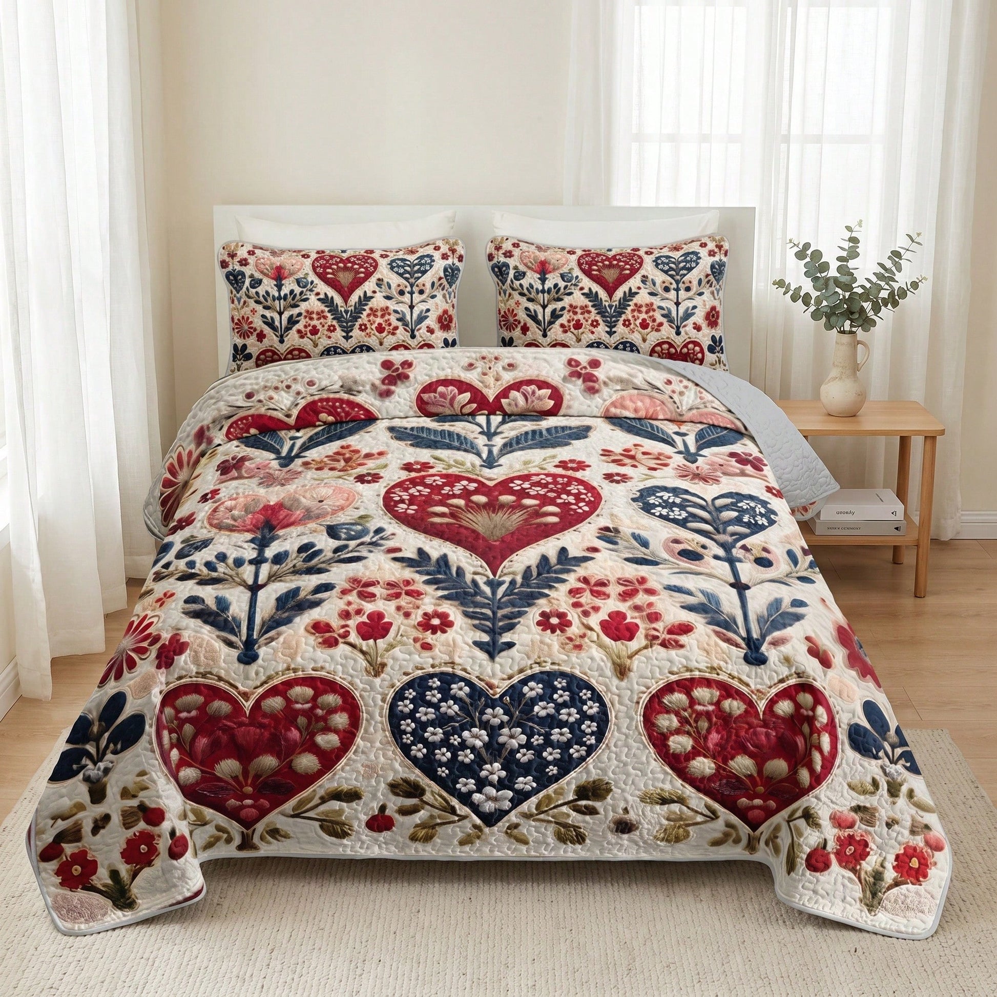 2/3PCS Floral Heart Bohemian Sunflower Quilt Set,Bedspread, Lightweight, Machine Washable, Easy Care, Multiple Sizes Available