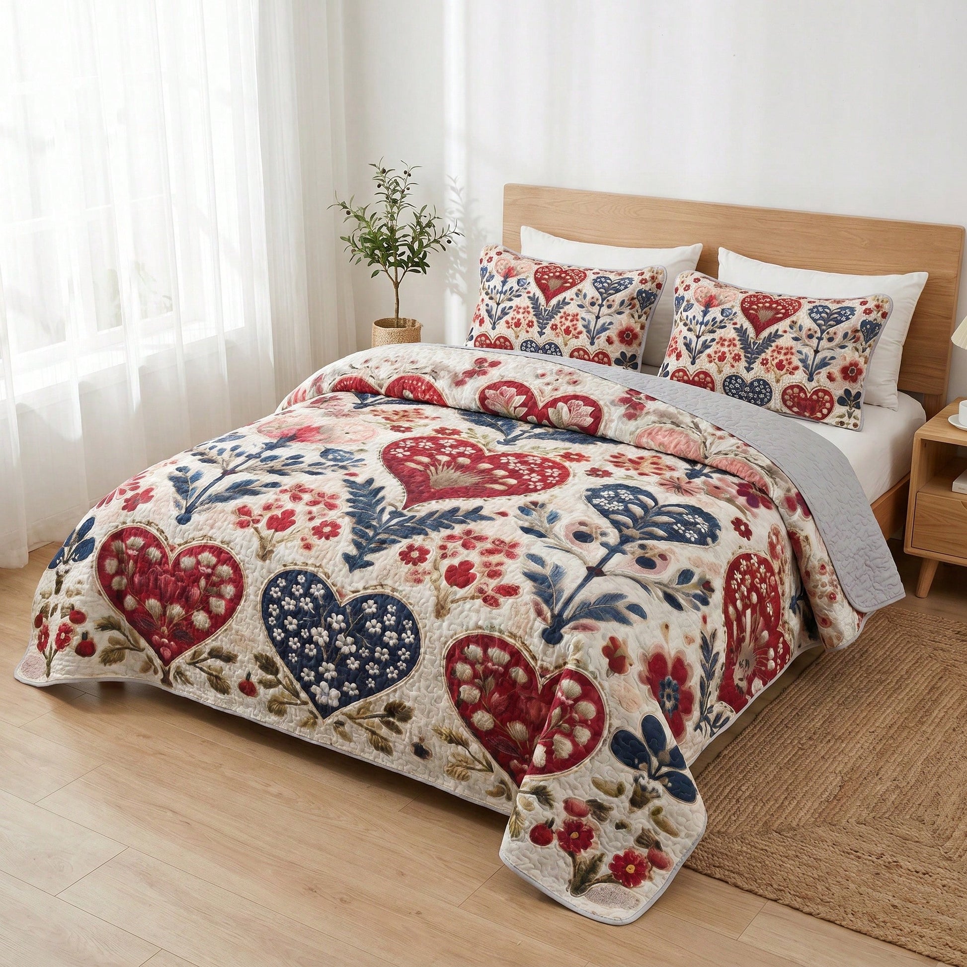 2/3PCS Floral Heart Bohemian Sunflower Quilt Set,Bedspread, Lightweight, Machine Washable, Easy Care, Multiple Sizes Available