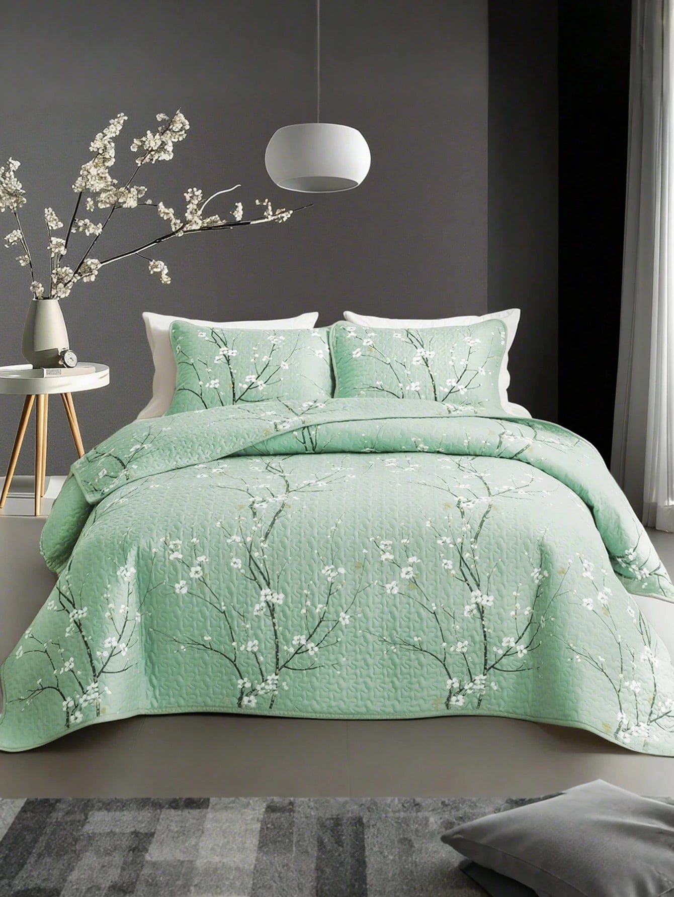 2/3PCS Multicolour Tree Branch Plum Blossom Quilted Quilt, 1pc Quilted Quilt+ 1/2 Pcs Pillowcases, Soft Breathable Comfortable Portability Hypoallergenic Machine Washable Bed Cover Bedding Room Decor