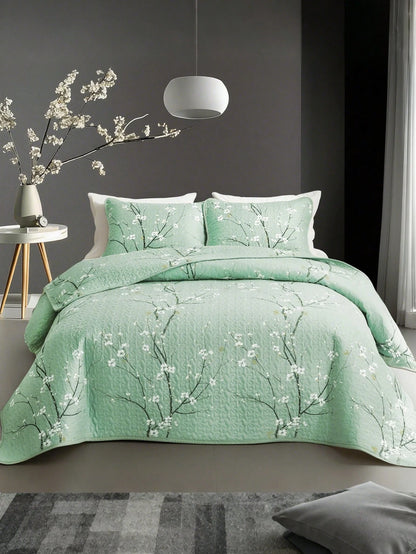 2/3PCS Multicolour Tree Branch Plum Blossom Quilted Quilt, 1pc Quilted Quilt+ 1/2 Pcs Pillowcases, Soft Breathable Comfortable Portability Hypoallergenic Machine Washable Bed Cover Bedding Room Decor