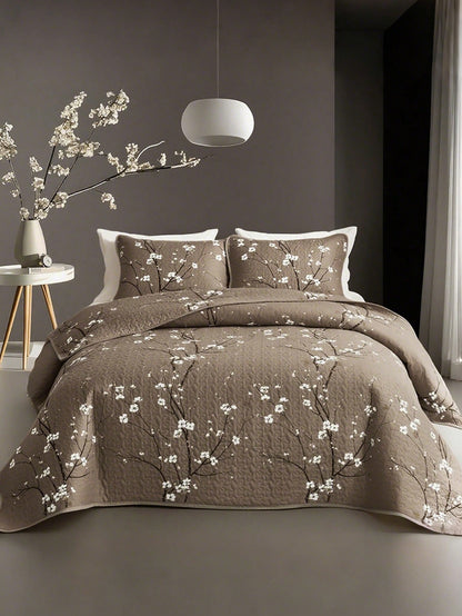 2/3PCS Multicolour Tree Branch Plum Blossom Quilted Quilt, 1pc Quilted Quilt+ 1/2 Pcs Pillowcases, Soft Breathable Comfortable Portability Hypoallergenic Machine Washable Bed Cover Bedding Room Decor