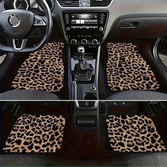 2-Color Leopard Print Car Floor Mats 4pcs Set| Crystal Velvet Car Interior Decor| Anti-Slip Durable Easy To Clean Universal Fit For Car