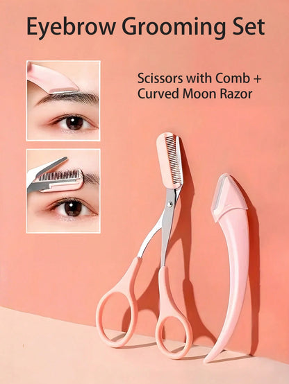 2-In-1 Eyebrow Grooming Set, Eyebrow Scissors With Comb + Curved Eyebrow Razor, Precision Eyebrow Shaping Tool, Gentle Skin-Friendly Eyebrow Care Set, Suitable For Daily Grooming, Pre-Makeup Preparati