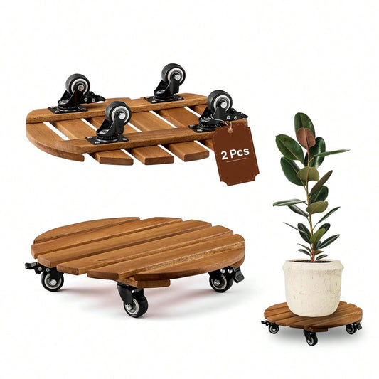 2 Pack 14" Acacia Wood Plant Caddy With Lockable 360° Caster Wheels, 300 LB Heavy Duty Rolling Stand For Indoor Outdoor Planter Pots, Wooden Dolly For Patio (Golden Teak, Round)