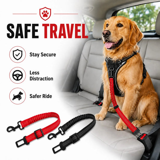 2 Pack Dog Car Seat Belts – Durable Adjustable Nylon Pet Safety Harness With Elastic Bungee & Reflective Design For Worry-Free Driving Travel(Black&Red)