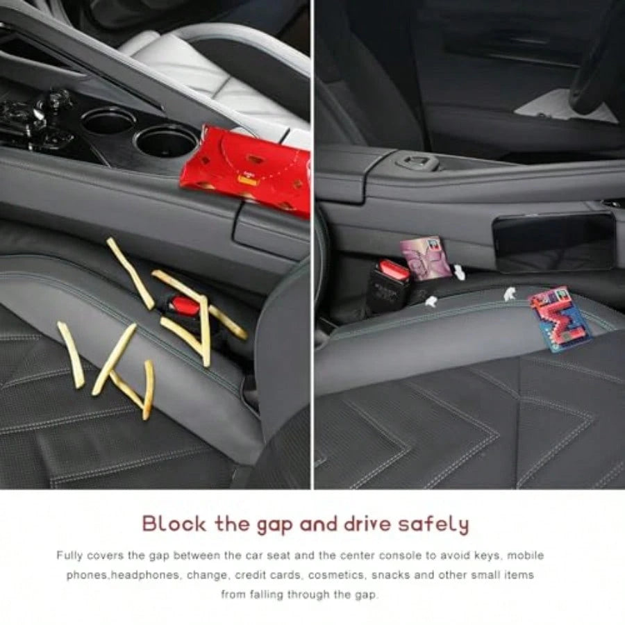 2 PCS Leather Car Seat Gap Filler, No-Drop Seat Guard Crevice Plug Blocker With Securing Strap, Universal Vehicle Gap Catcher Stop Things From Dropping, Car Accessories Black