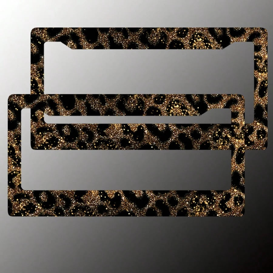 2-Piece Gold Glitter Leopard Print License Plate Frame- Aluminum Material, Rust-Proof/Loose-Proof/Weatherproof| US Standard Size, Includes Mounting Hardware, Easy To Install| Stylish Car Cover, Dur