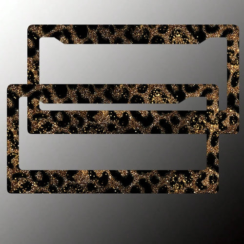 2-Piece Gold Glitter Leopard Print License Plate Frame- Aluminum Material, Rust-Proof/Loose-Proof/Weatherproof| US Standard Size, Includes Mounting Hardware, Easy To Install| Stylish Car Cover, Dur