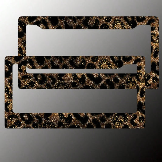 2-Piece Gold Glitter Leopard Print License Plate Frame- Aluminum Material, Rust-Proof/Loose-Proof/Weatherproof| US Standard Size, Includes Mounting Hardware, Easy To Install| Stylish Car Cover, Dur