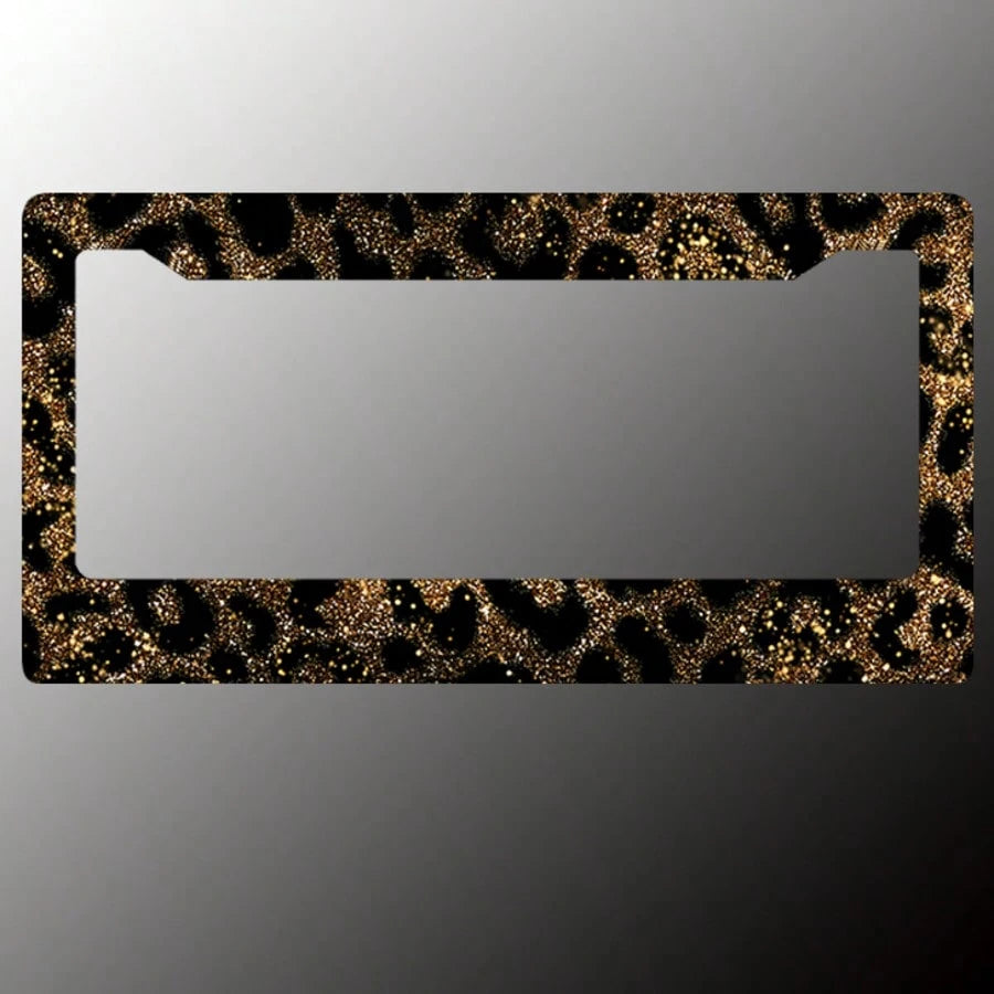 2-Piece Gold Glitter Leopard Print License Plate Frame- Aluminum Material, Rust-Proof/Loose-Proof/Weatherproof| US Standard Size, Includes Mounting Hardware, Easy To Install| Stylish Car Cover, Dur