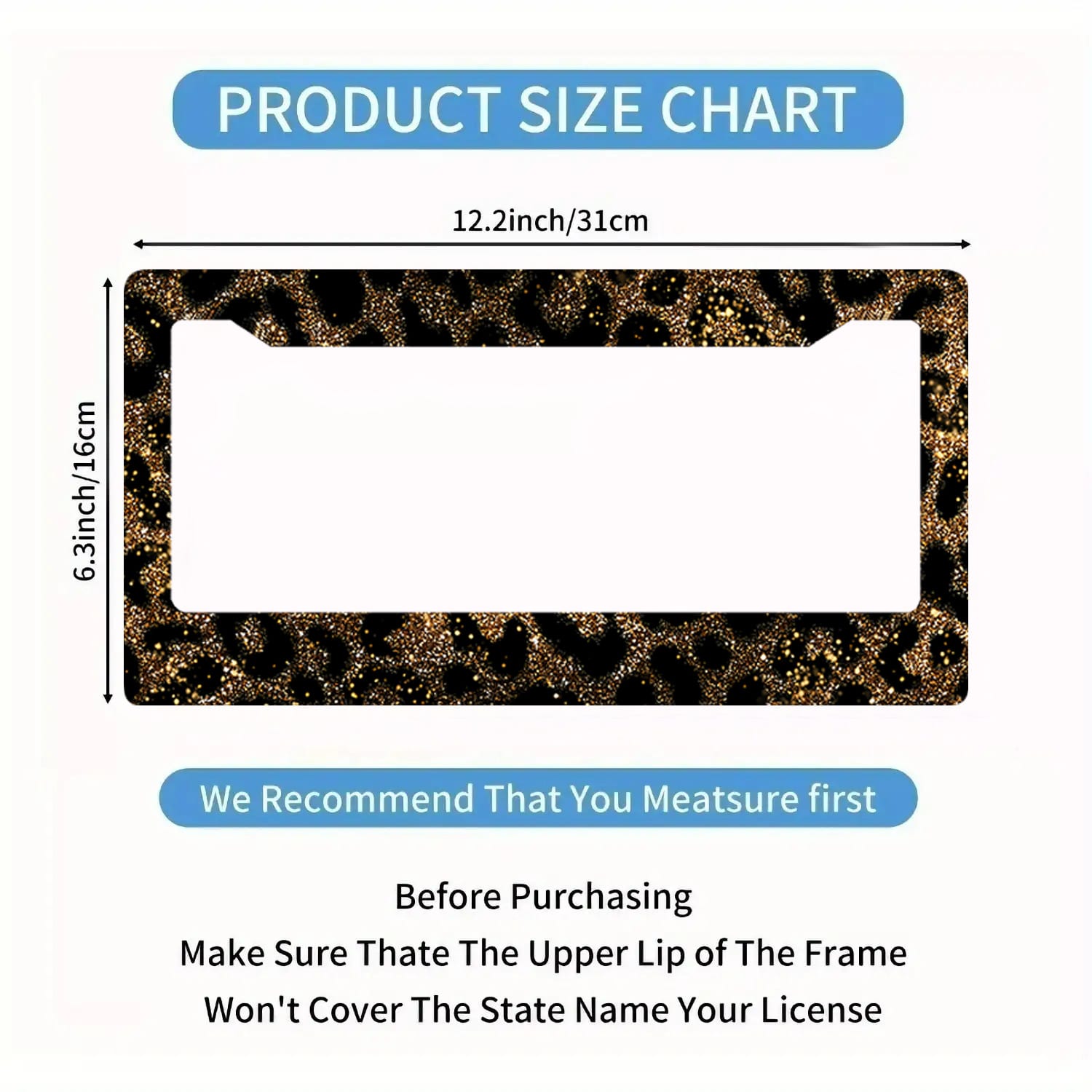 2-Piece Gold Glitter Leopard Print License Plate Frame- Aluminum Material, Rust-Proof/Loose-Proof/Weatherproof| US Standard Size, Includes Mounting Hardware, Easy To Install| Stylish Car Cover, Dur