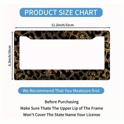 2-Piece Gold Glitter Leopard Print License Plate Frame- Aluminum Material, Rust-Proof/Loose-Proof/Weatherproof| US Standard Size, Includes Mounting Hardware, Easy To Install| Stylish Car Cover, Dur
