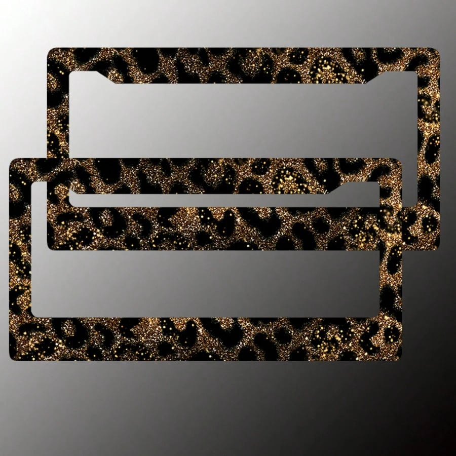 2-Piece Gold Glitter Leopard Print License Plate Frame- Aluminum Material, Rust-Proof/Loose-Proof/Weatherproof| US Standard Size, Includes Mounting Hardware, Easy To Install| Stylish Car Cover, Dur