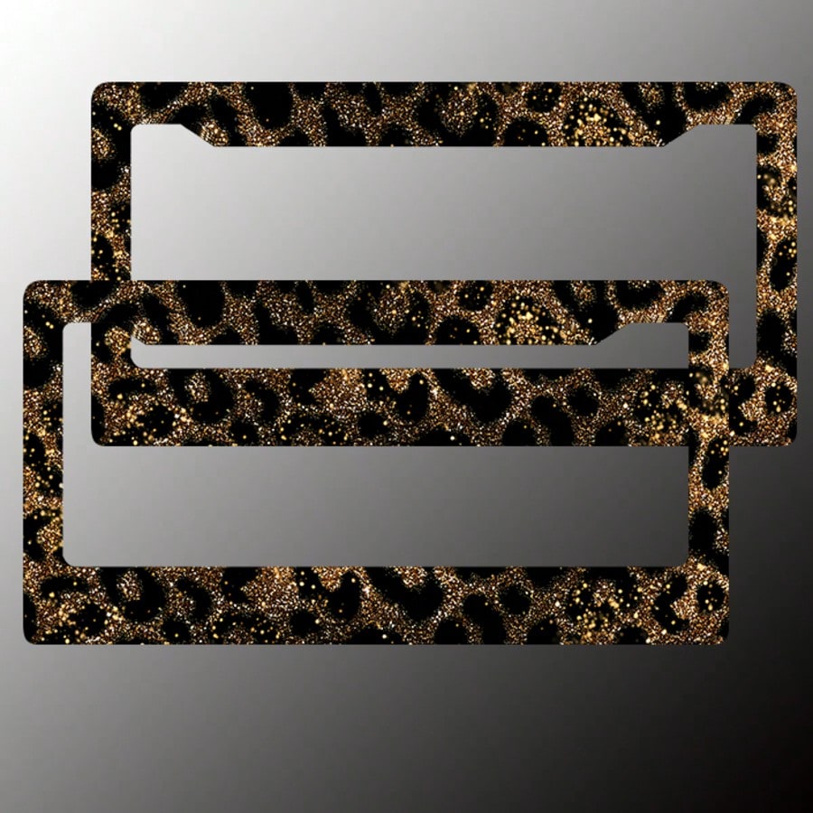 2-Piece Gold Glitter Leopard Print License Plate Frame- Aluminum Material, Rust-Proof/Loose-Proof/Weatherproof| US Standard Size, Includes Mounting Hardware, Easy To Install| Stylish Car Cover, Dur