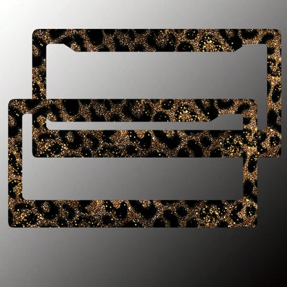 2-Piece Gold Glitter Leopard Print License Plate Frame- Aluminum Material, Rust-Proof/Loose-Proof/Weatherproof| US Standard Size, Includes Mounting Hardware, Easy To Install| Stylish Car Cover, Dur