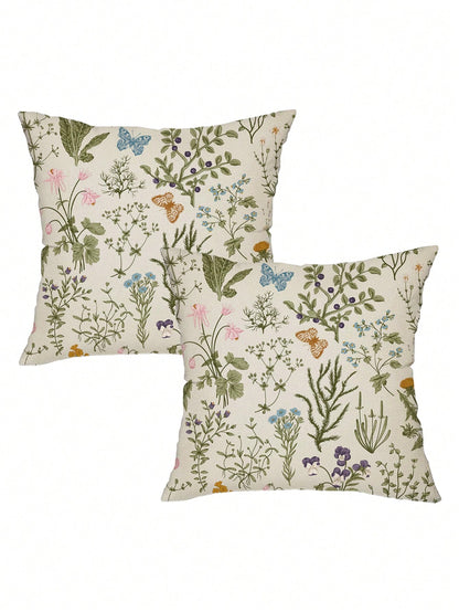 2 Pieces Green Wildflowers Plant Pillow Covers, Seasonal Floral Outdoor Decorative Square Farmhouse Cushion Cases For Home Sofa Couch (Inserts Not Included) Christmas For Holiday Gift Giving